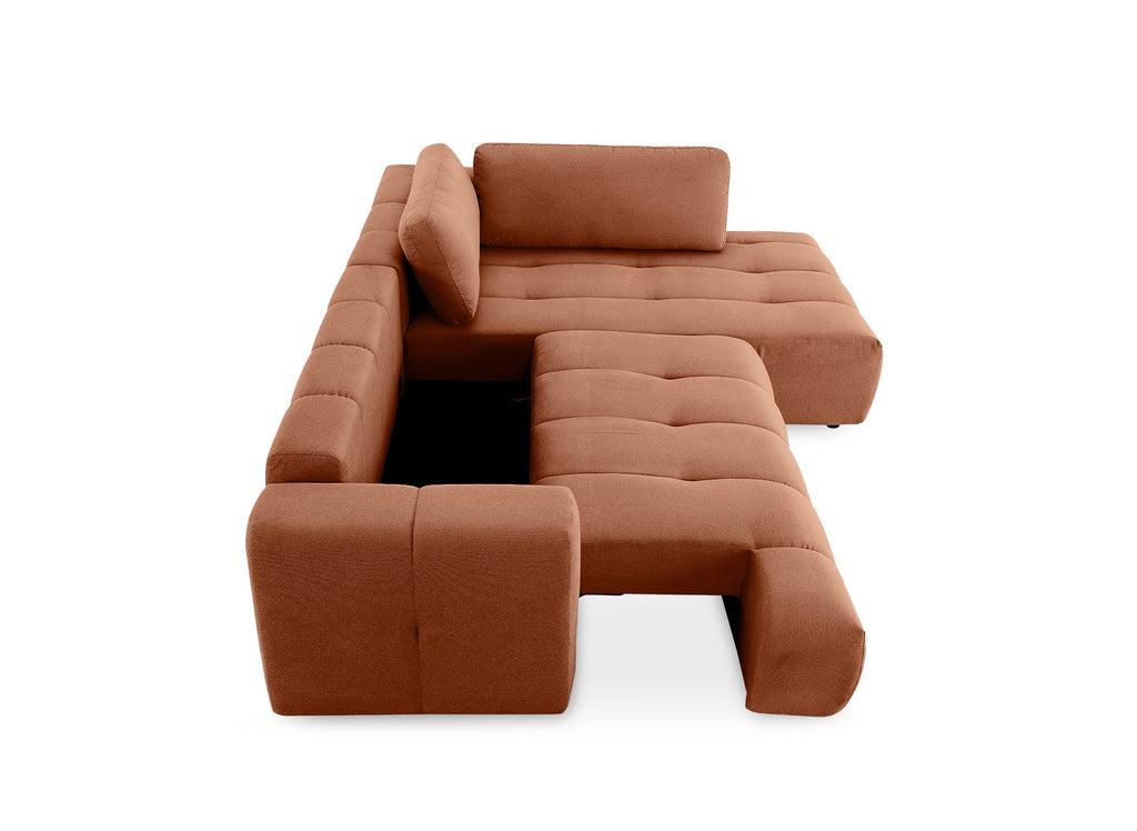 Canapé d'angle convertible avec coffre en tissu terracotta HAVEN - Angle droit