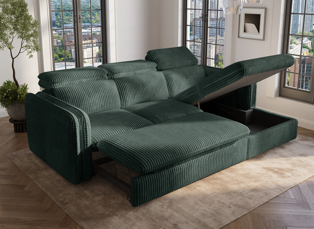 Canapé d'angle convertible en velours côtelé épais vert ISABELLA - Angle droit