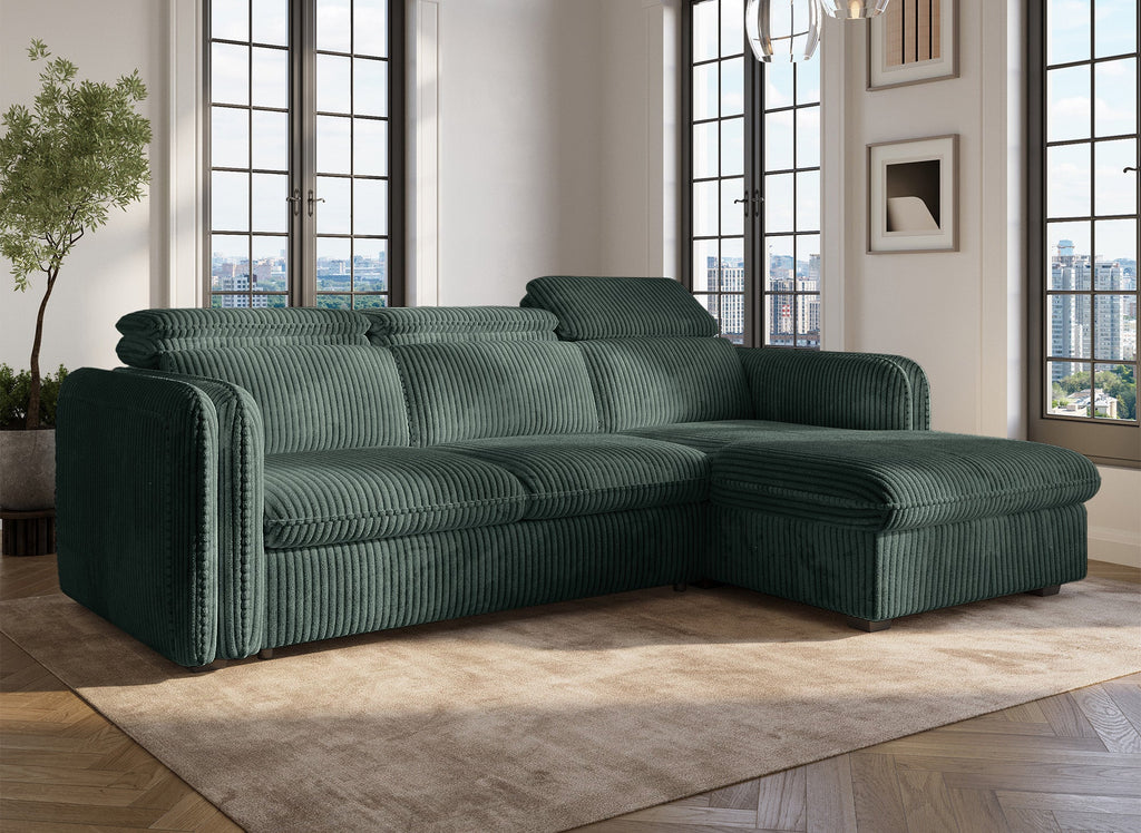 Canapé d'angle convertible en velours côtelé épais vert ISABELLA - Angle droit