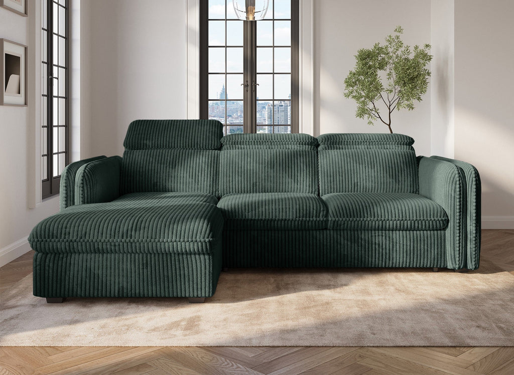 Canapé d'angle convertible en velours côtelé épais vert ISABELLA - Angle gauche