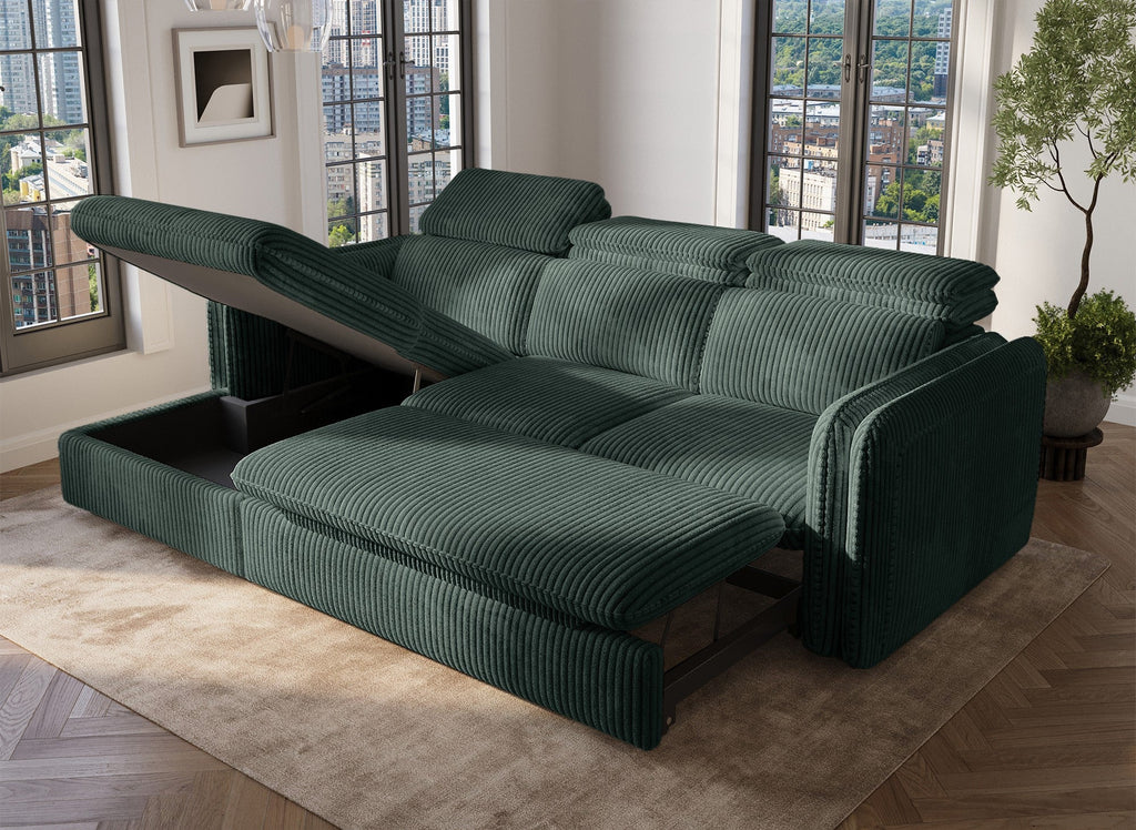 Canapé d'angle convertible en velours côtelé épais vert ISABELLA - Angle gauche