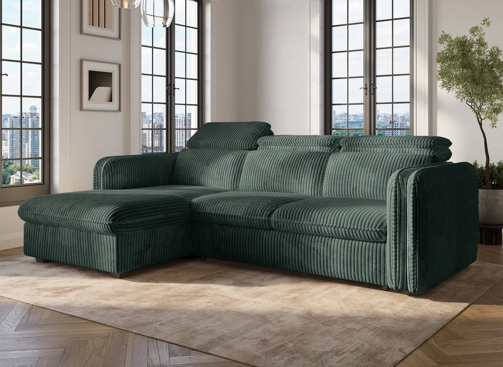 Canapé d'angle convertible en velours côtelé épais vert ISABELLA - Angle gauche