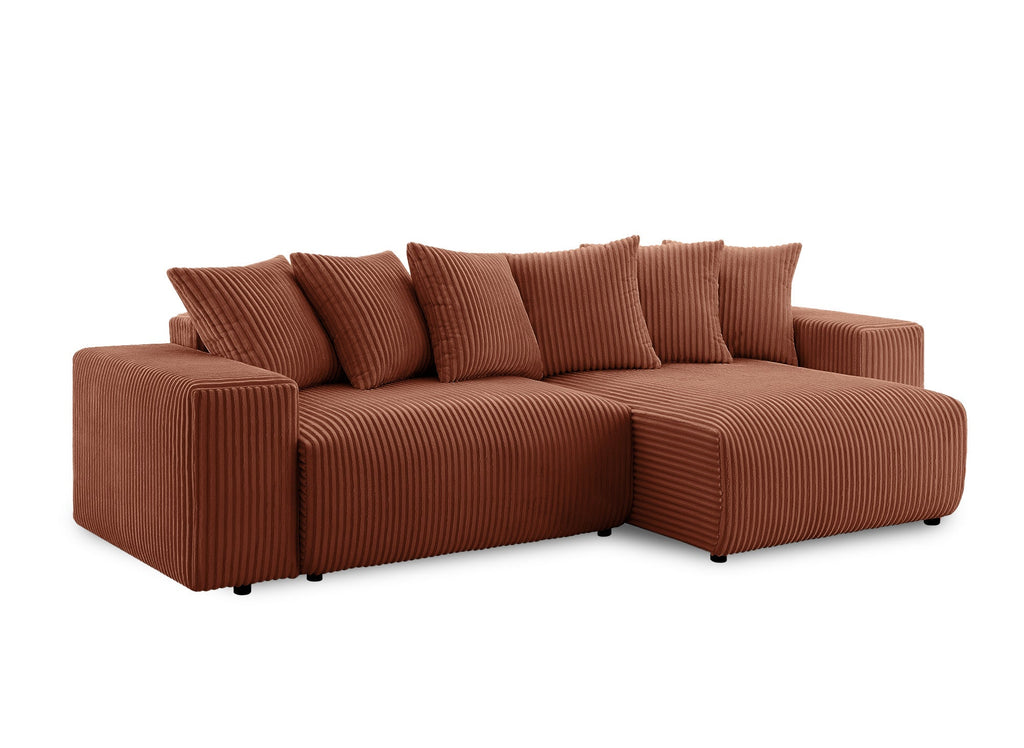 Canapé d'angle réversible convertible avec coffre en velours côtelé épais terracotta NOELIA