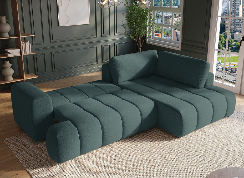 Canapé d'angle convertible avec coffre en tissu vert olive HAVEN - Angle droit