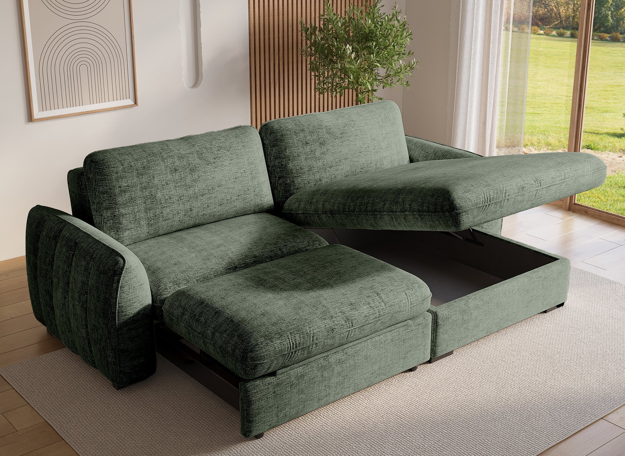 Canapé d'angle convertible et réversible avec coffre en velours chiné vert kaki LIORA