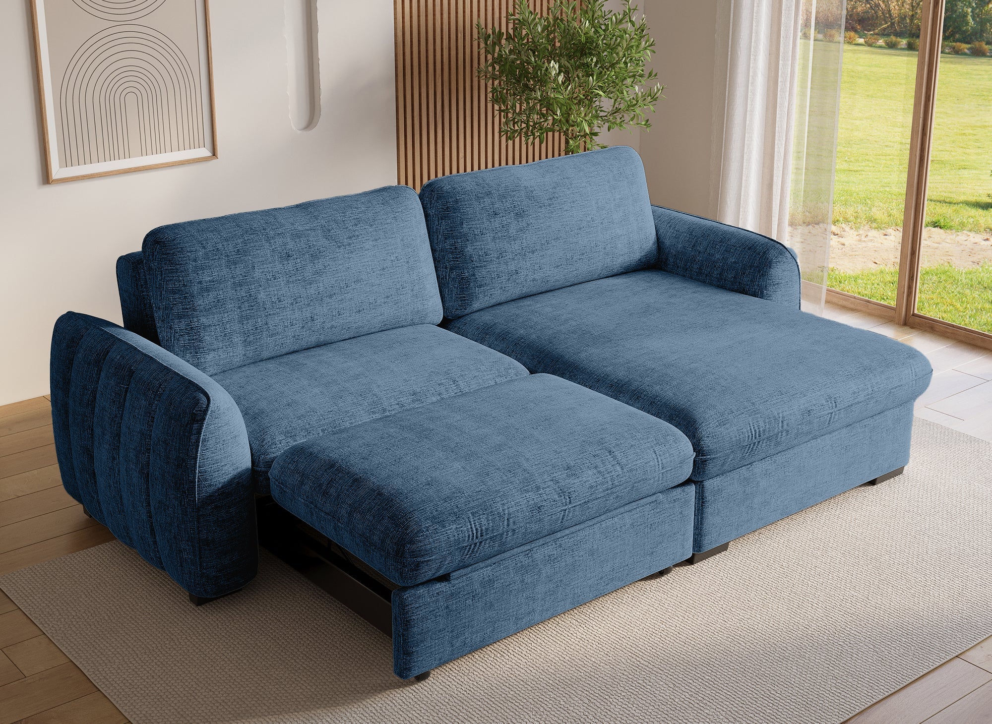 Canapé d'angle convertible et réversible avec coffre en velours chiné bleu LIORA