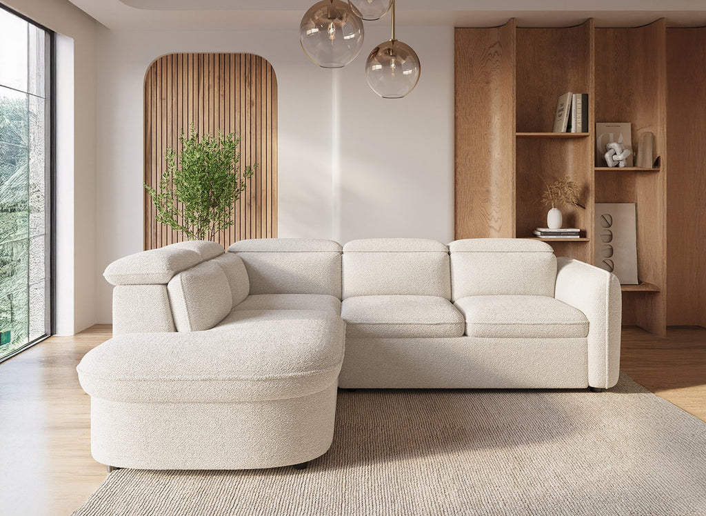 Canapé d'angle convertible avec coffre de rangement en tissu bouclette écru BAYA - angle gauche