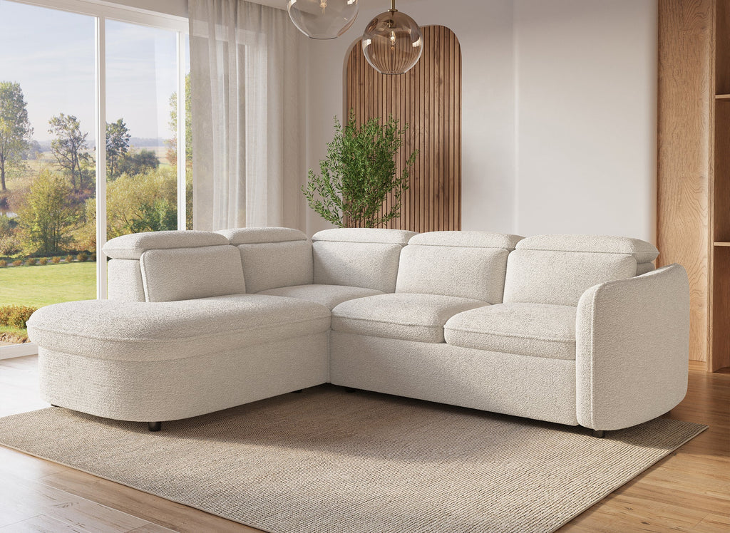 Canapé d'angle convertible avec coffre de rangement en tissu bouclette écru BAYA - angle gauche