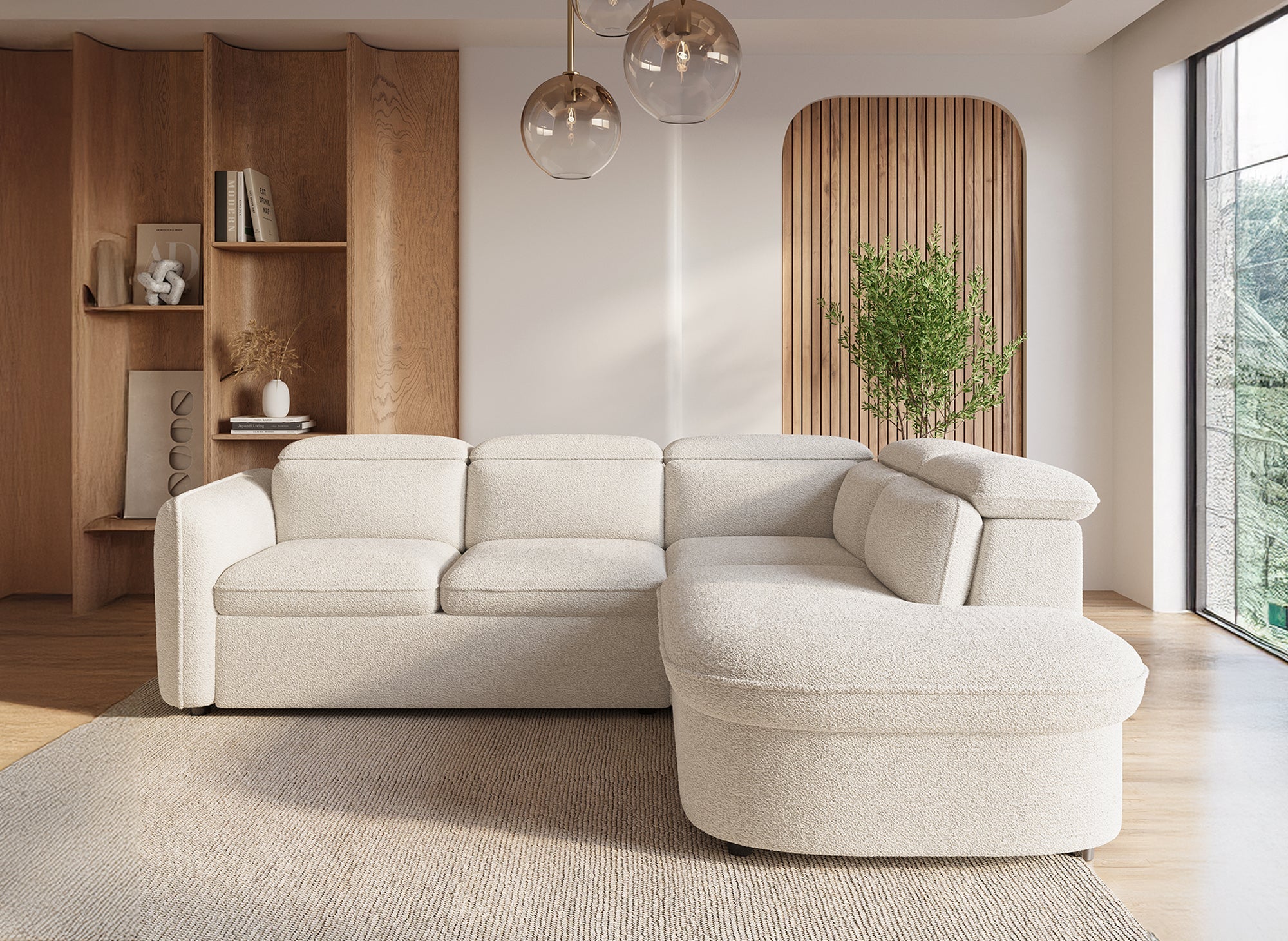 Canapé d'angle convertible avec coffre de rangement en tissu bouclette écru BAYA - angle droit