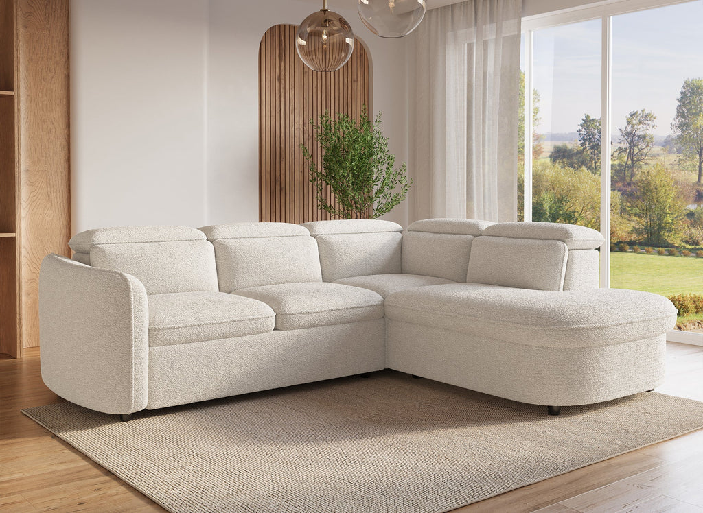 Canapé d'angle convertible avec coffre de rangement en tissu bouclette écru BAYA - angle droit