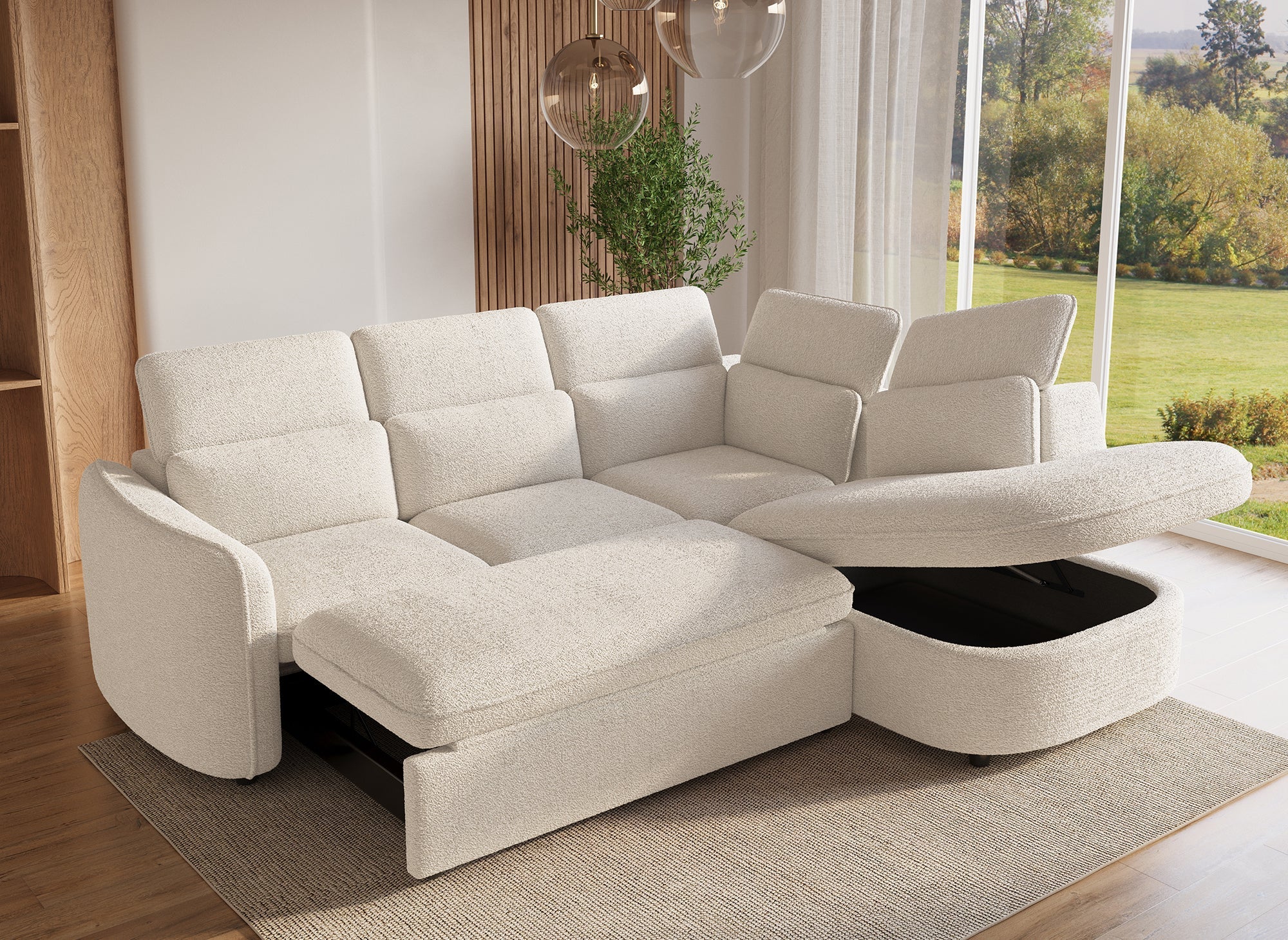 Canapé d'angle convertible avec coffre de rangement en tissu bouclette écru BAYA - angle droit