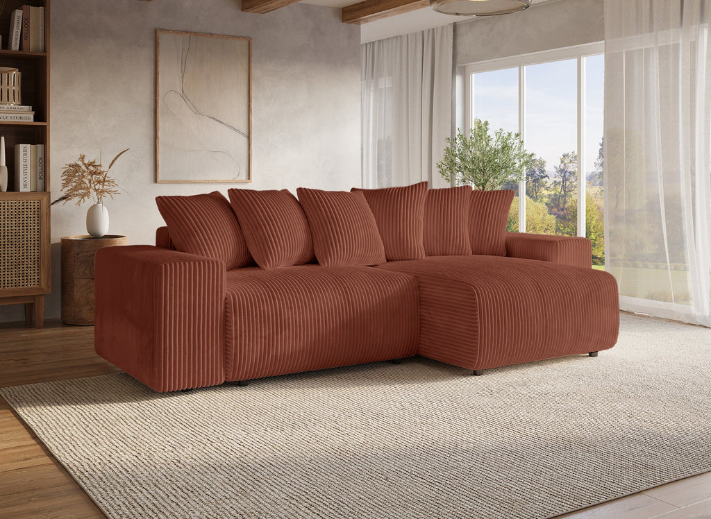 Canapé d'angle réversible convertible avec coffre en velours côtelé épais terracotta NOELIA