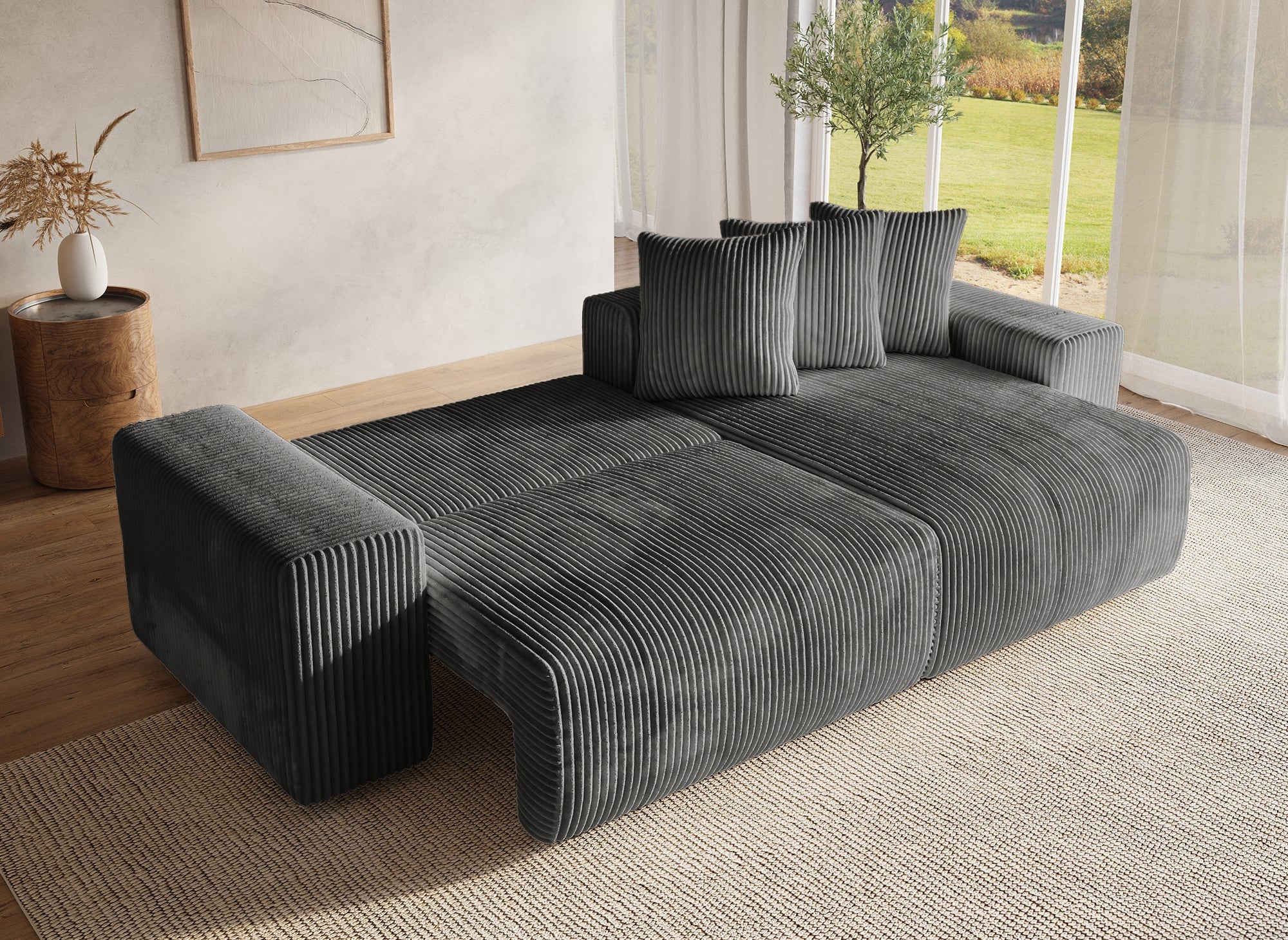 Canapé d'angle réversible convertible avec coffre en velours côtelé épais gris NOELIA