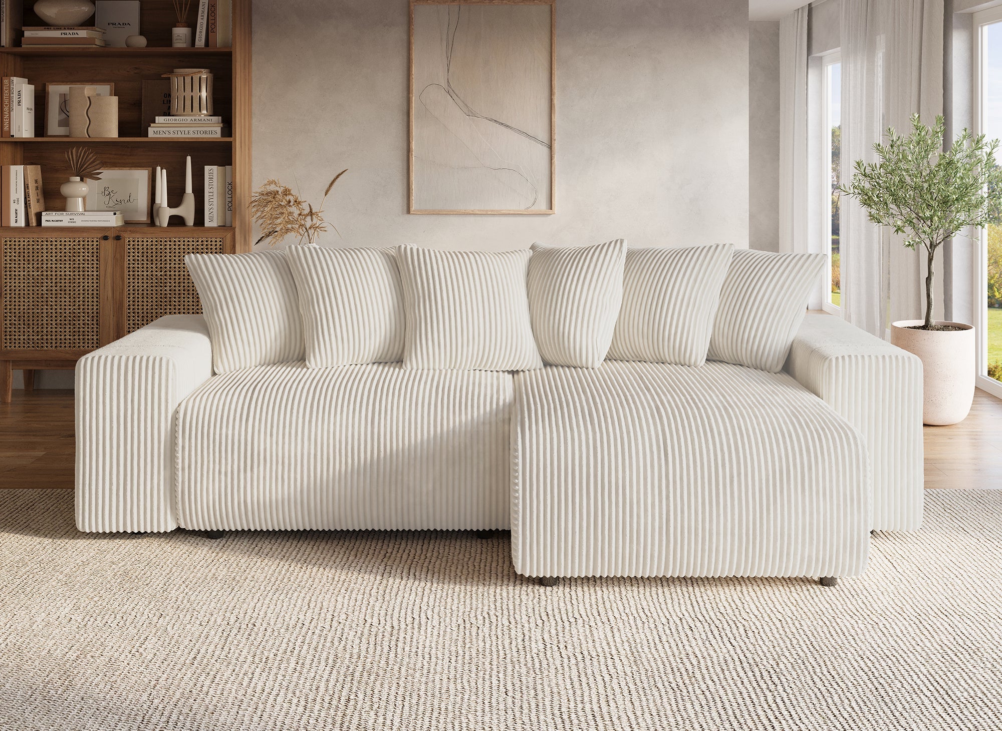 Canapé d'angle réversible convertible avec coffre en velours côtelé épais beige NOELIA