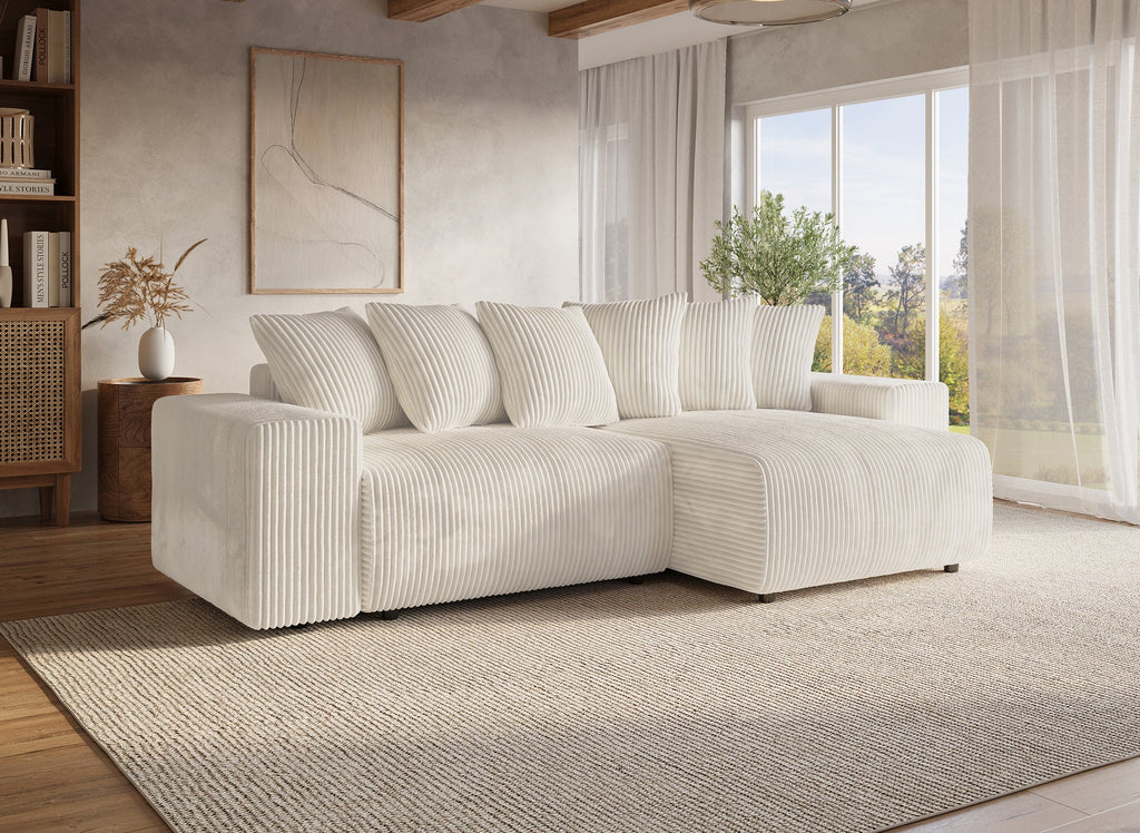 Canapé d'angle réversible convertible avec coffre en velours côtelé épais beige NOELIA