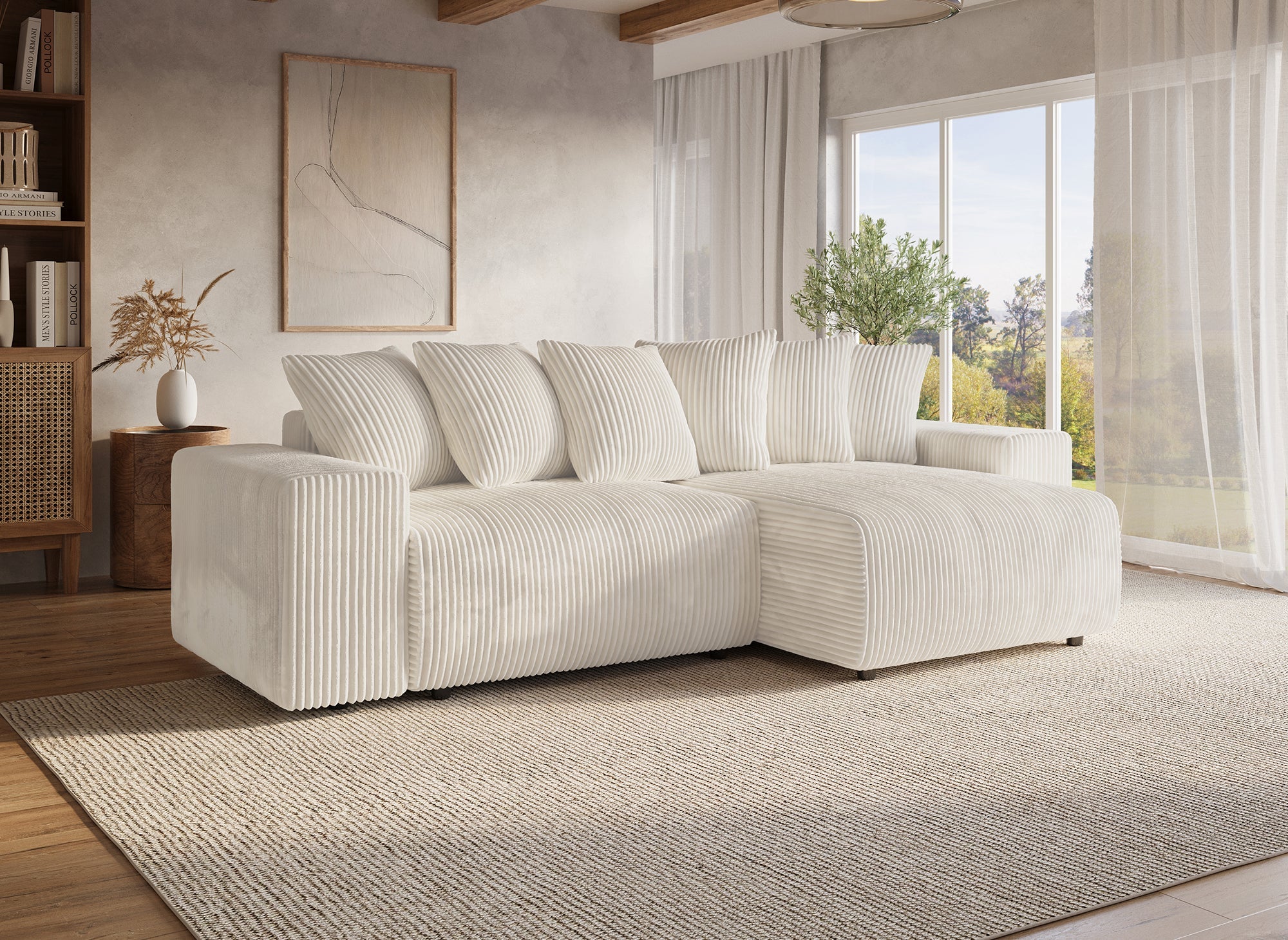 Canapé d'angle réversible convertible avec coffre en velours côtelé épais beige NOELIA