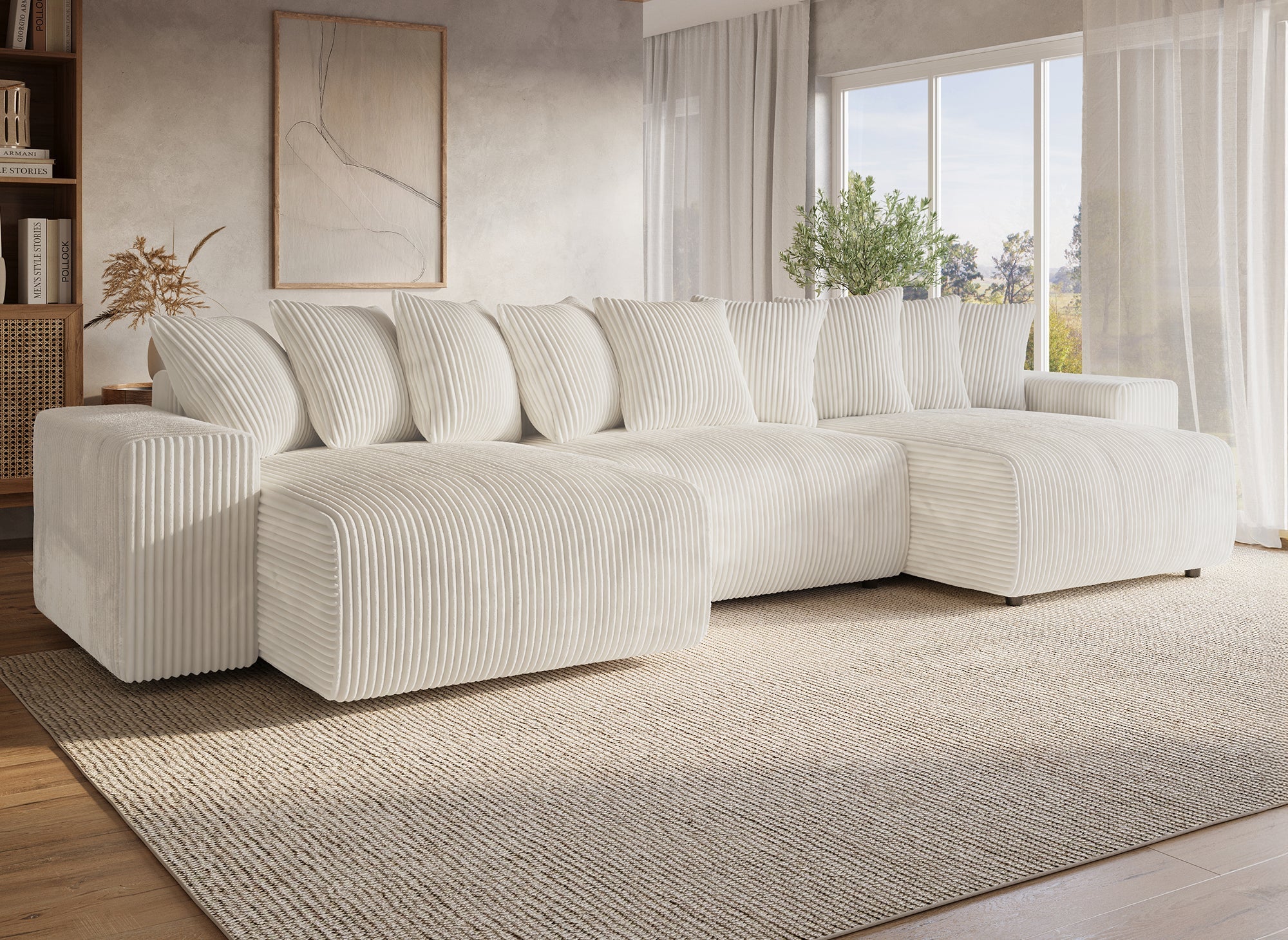 Canapé panoramique réversible convertible avec coffre en velours côtelé épais beige NOELIA