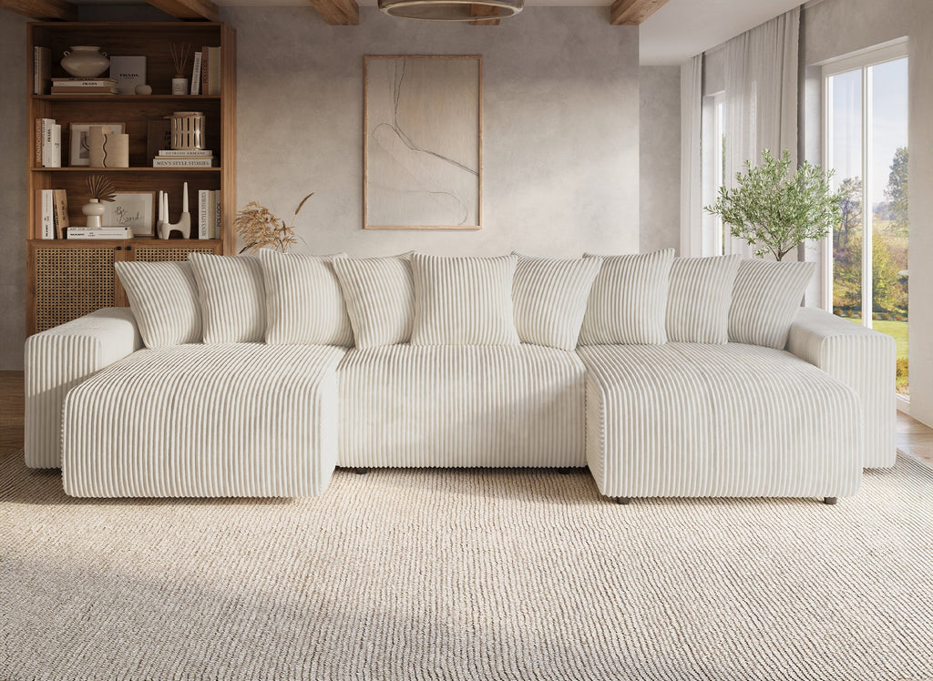 Canapé panoramique réversible convertible avec coffre en velours côtelé épais beige NOELIA