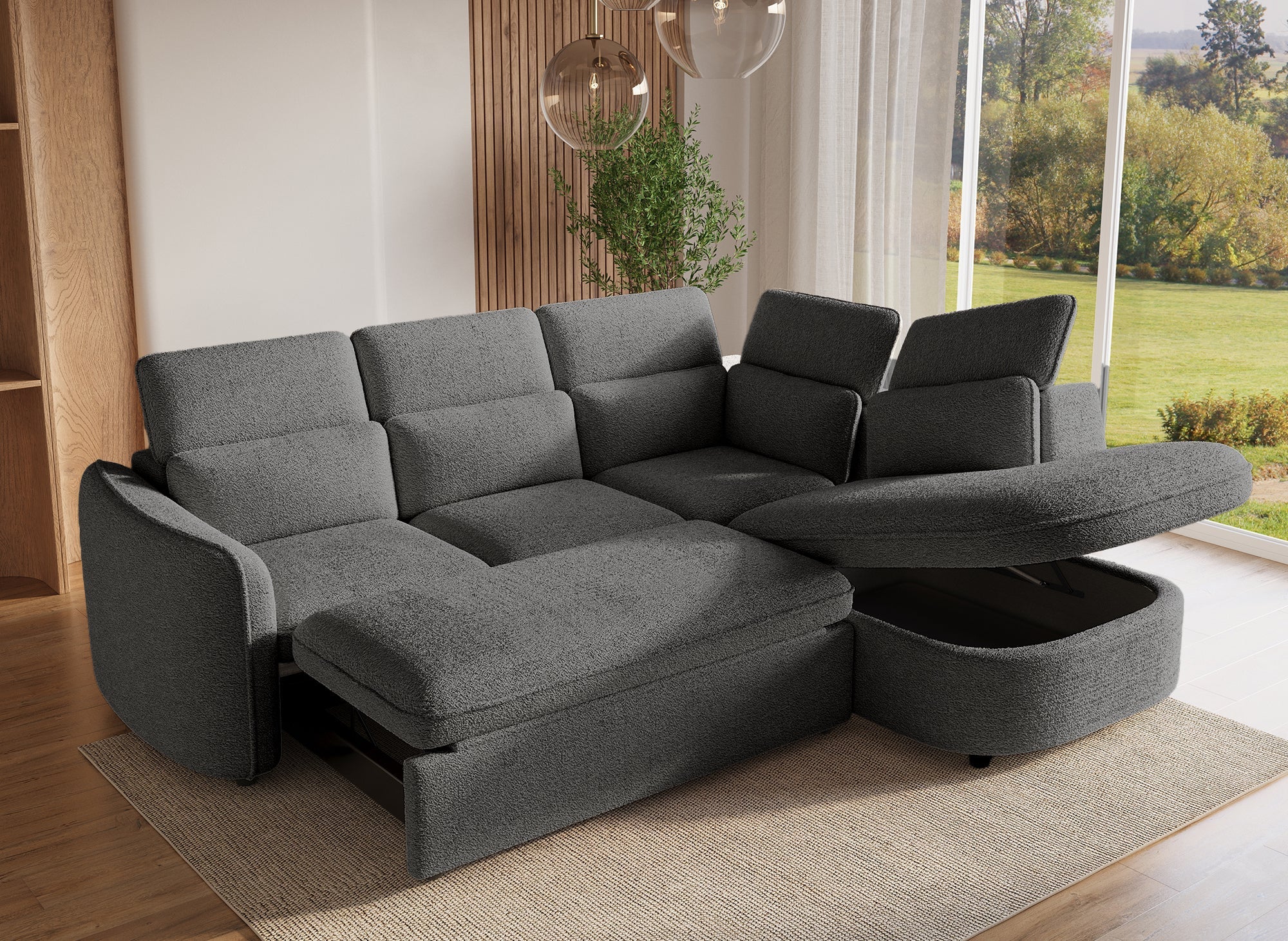 Canapé d'angle convertible avec coffre de rangement en tissu bouclette gris BAYA - angle droit