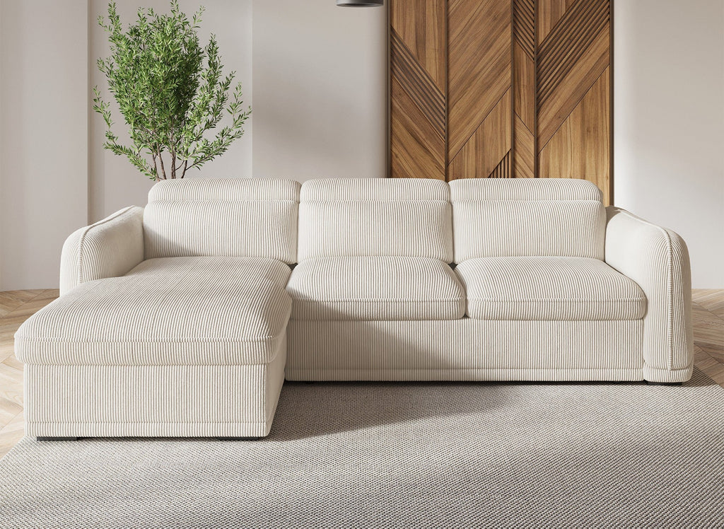 Canapé d'angle gauche convertible avec coffre en velours côtelé épais beige PETUNIA - Angle gauche