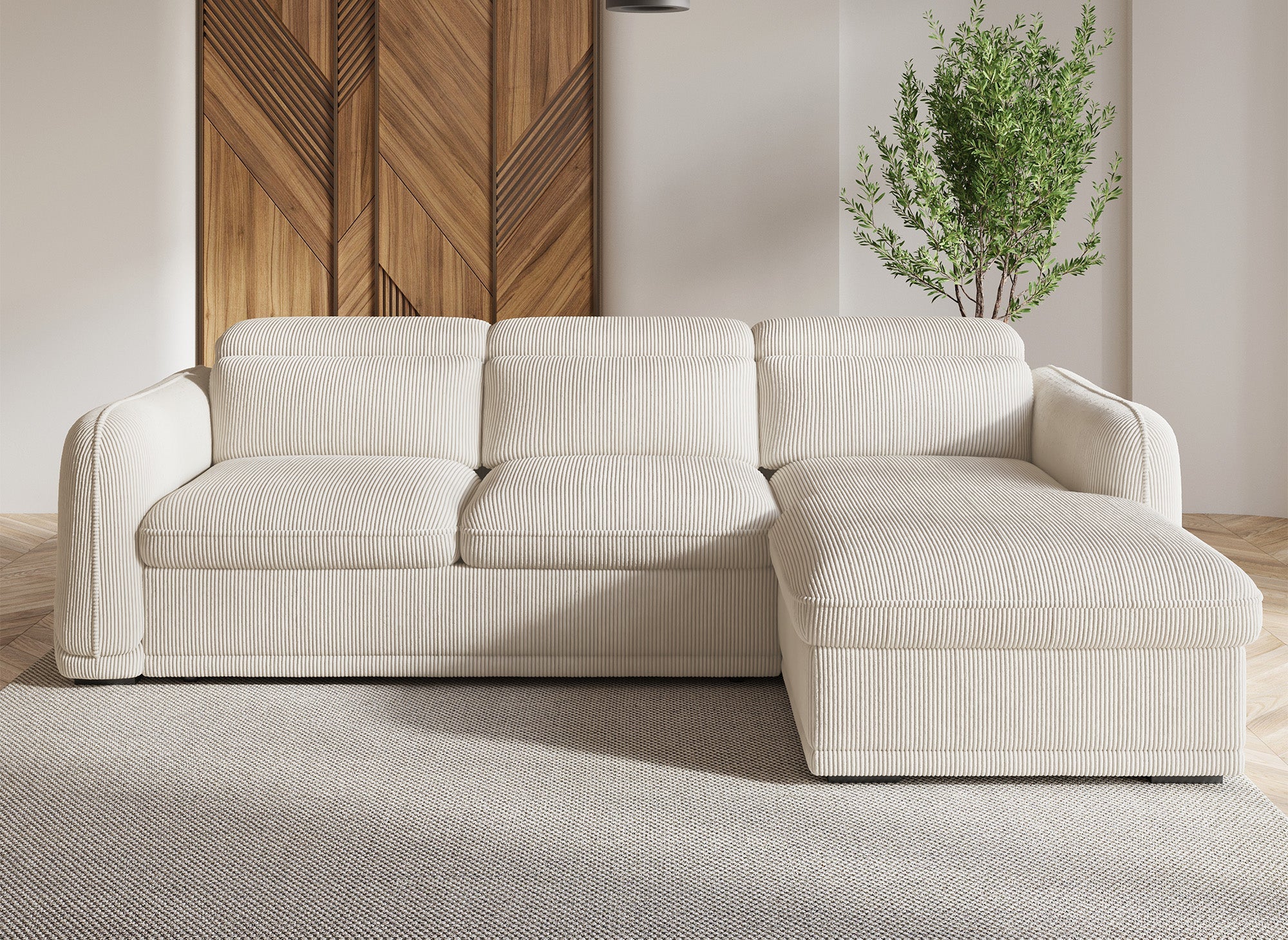 Canapé d'angle convertible avec coffre en velours côtelé épais beige PETUNIA - Angle droit