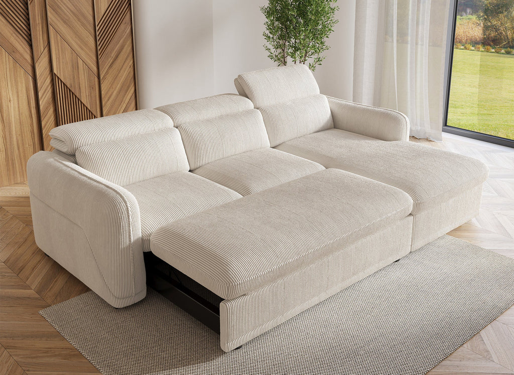 Canapé d'angle convertible avec coffre en velours côtelé épais beige PETUNIA - Angle droit