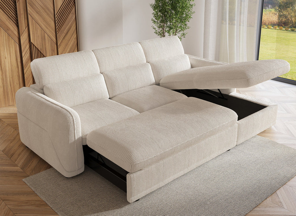 Canapé d'angle convertible avec coffre en velours côtelé épais beige PETUNIA - Angle droit