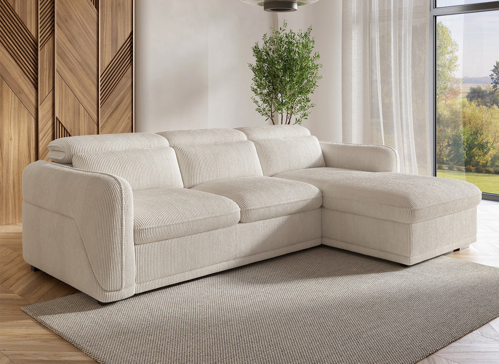 Canapé d'angle convertible avec coffre en velours côtelé épais beige PETUNIA - Angle droit