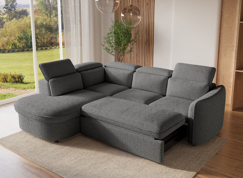 Canapé d'angle convertible avec coffre de rangement en tissu bouclette gris BAYA - angle gauche