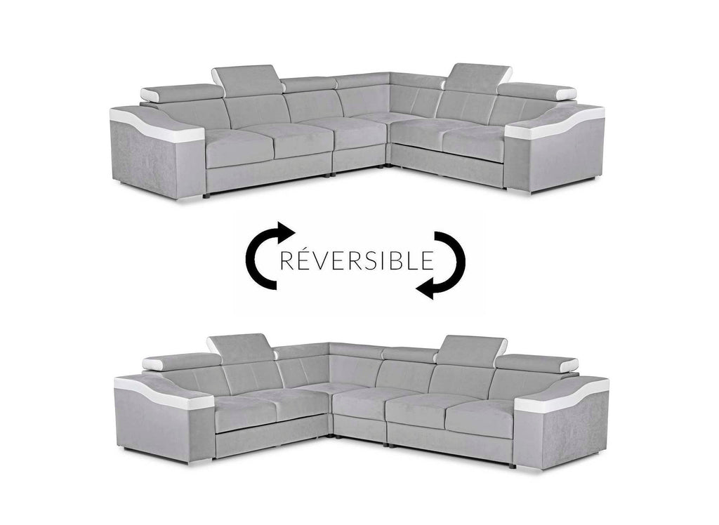 Canapé d'angle convertible réversible en velours gris clair et simili cuir blanc LEONIE