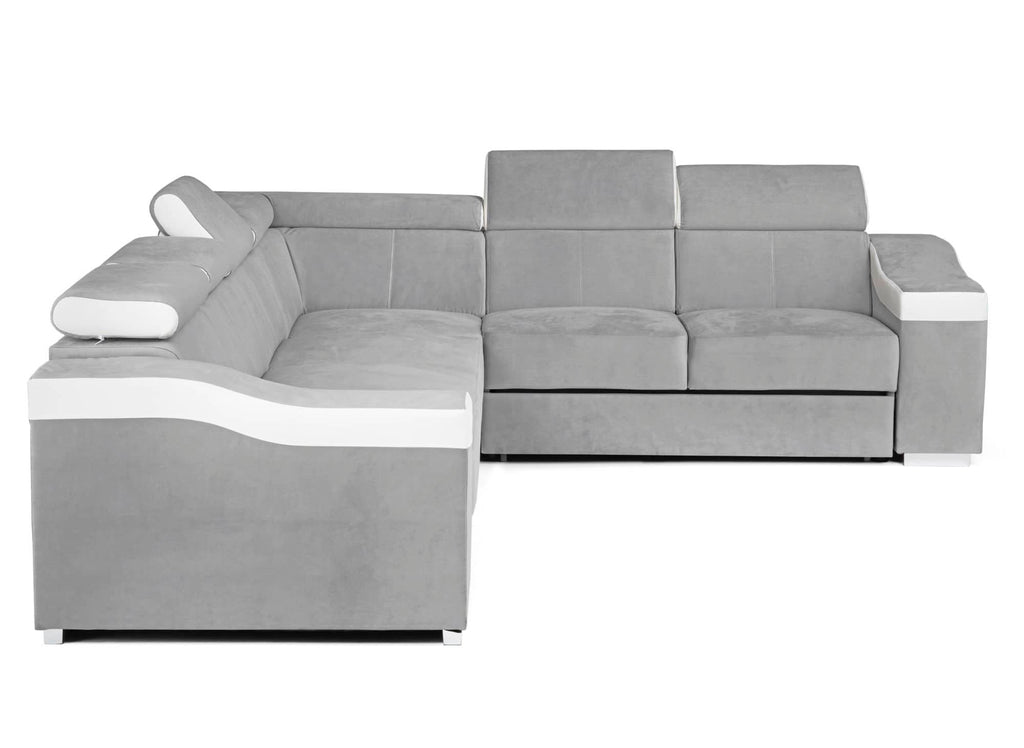 Canapé d'angle convertible réversible en velours gris clair et simili cuir blanc LEONIE