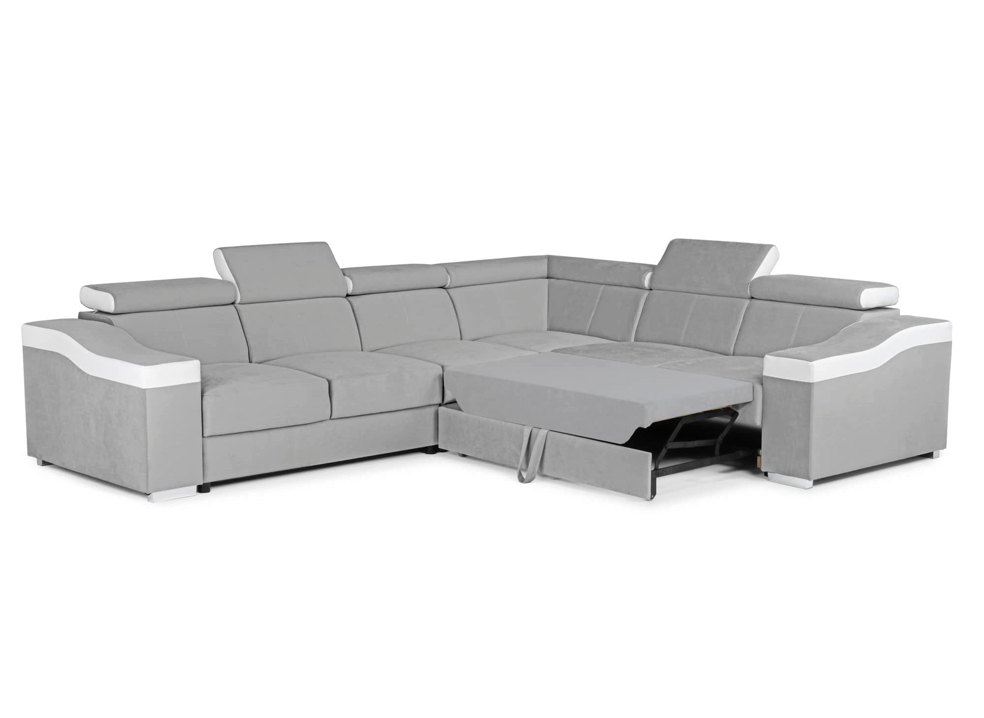 Canapé d'angle convertible réversible en velours gris clair et simili cuir blanc LEONIE