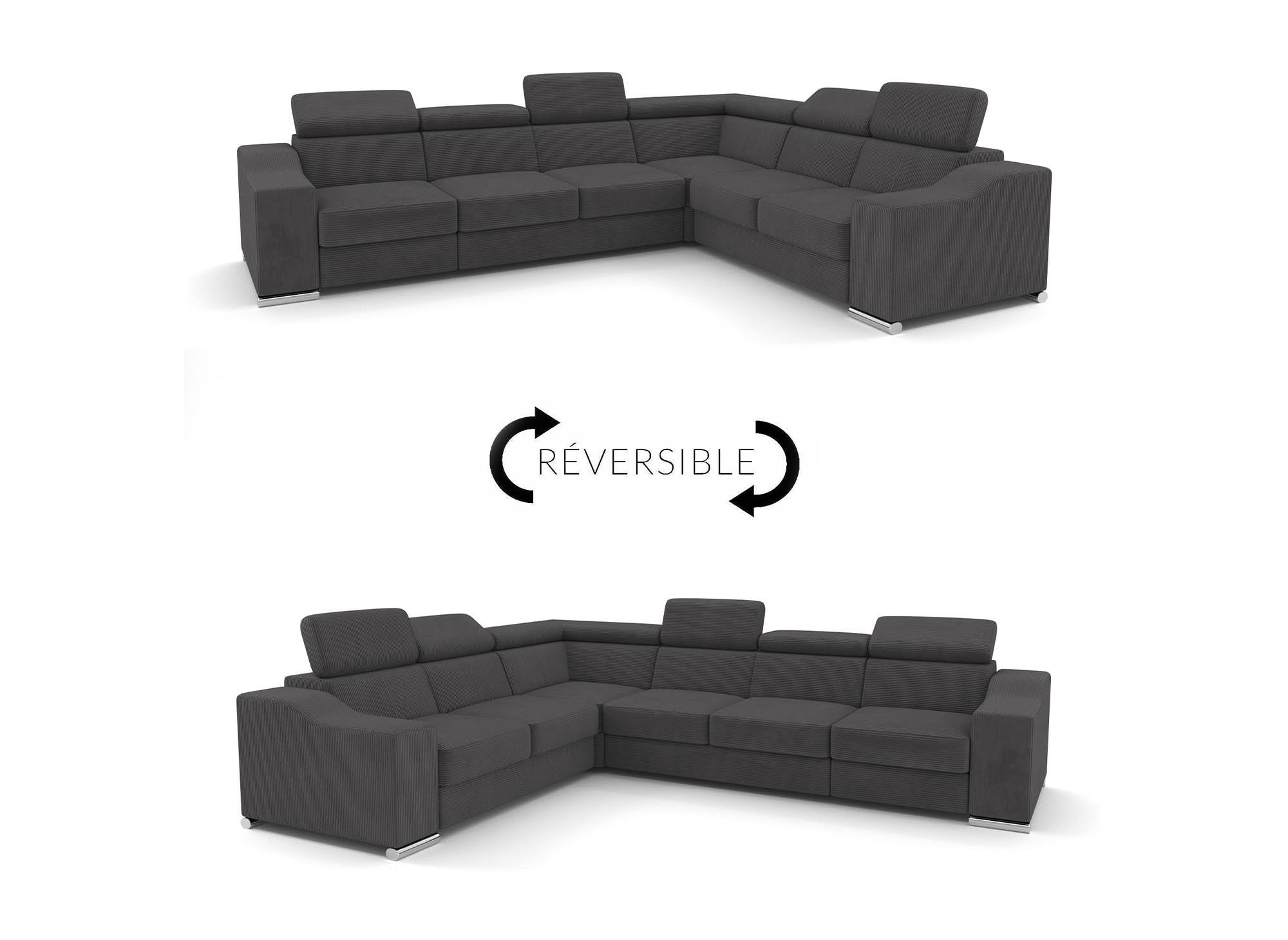 Canapé d'angle convertible réversible en velours côtelé gris anthracite LEONIE