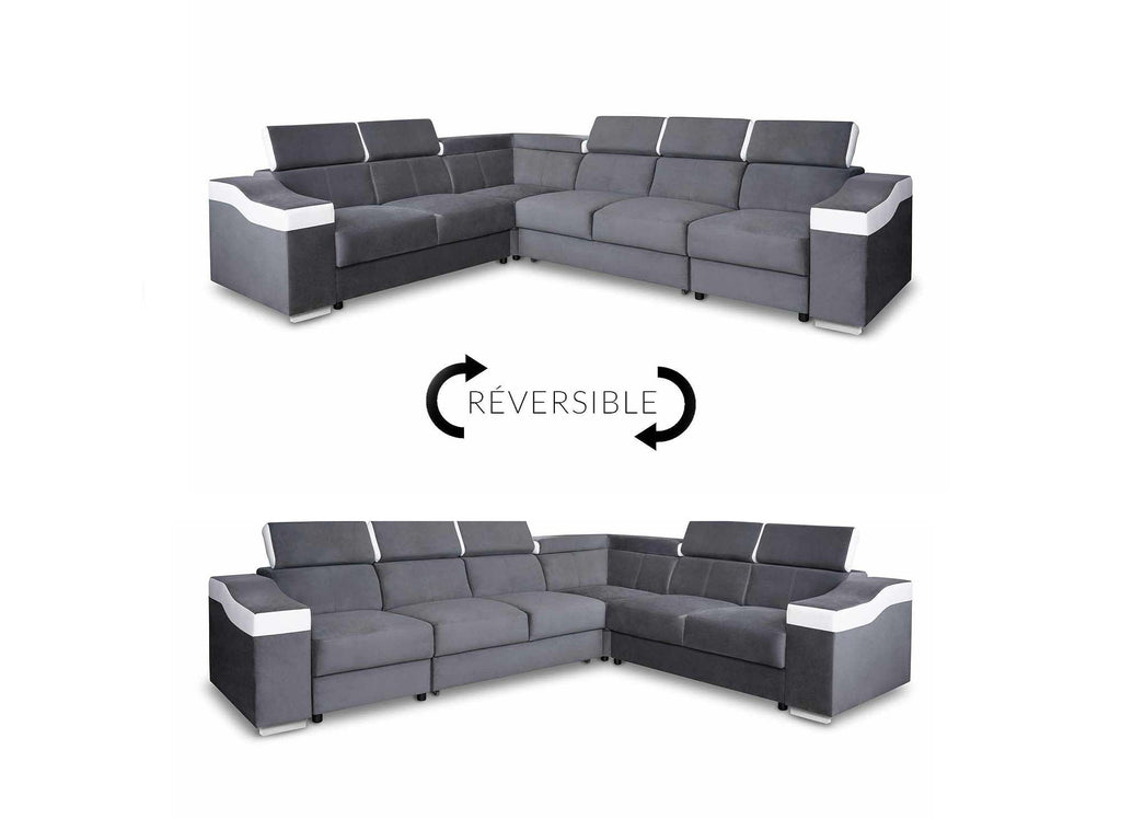 Canapé d'angle convertible réversible en velours gris et simili cuir blanc LEONIE