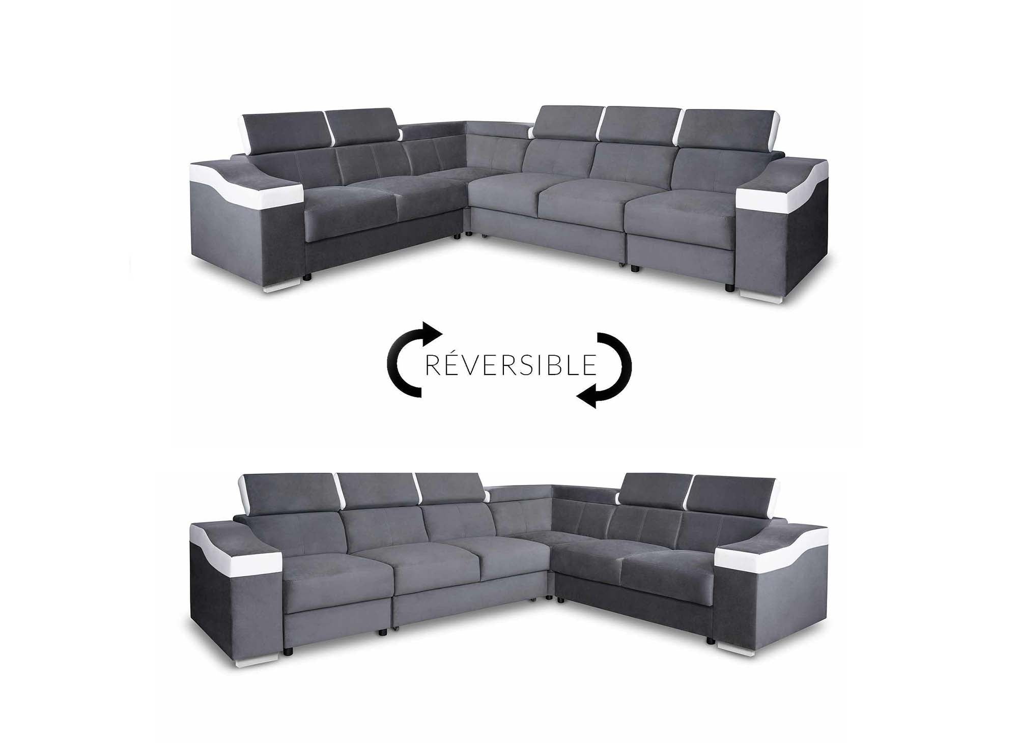 Canapé d'angle convertible réversible en velours gris et simili cuir blanc LEONIE