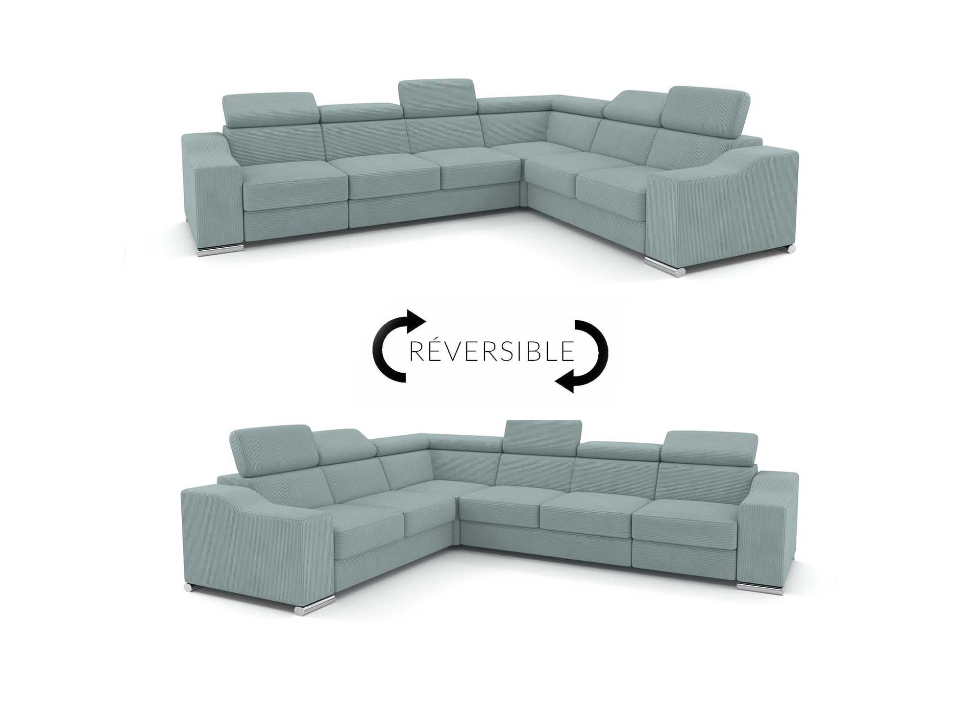 Canapé d'angle convertible réversible en velours côtelé vert d'eau LEONIE