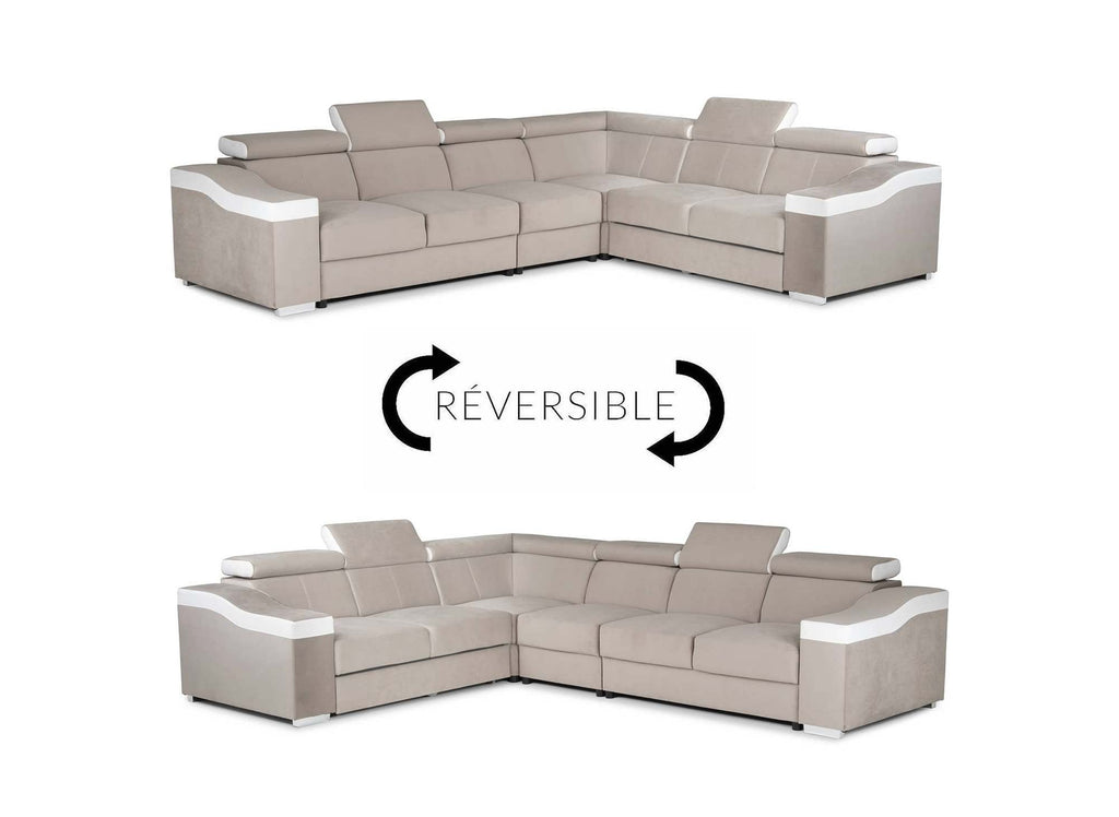 Canapé d'angle convertible réversible en velours beige et simili cuir blanc LEONIE