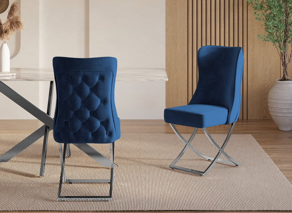 Lot de 2 chaises en velours bleu pieds en métal argenté ETHAN