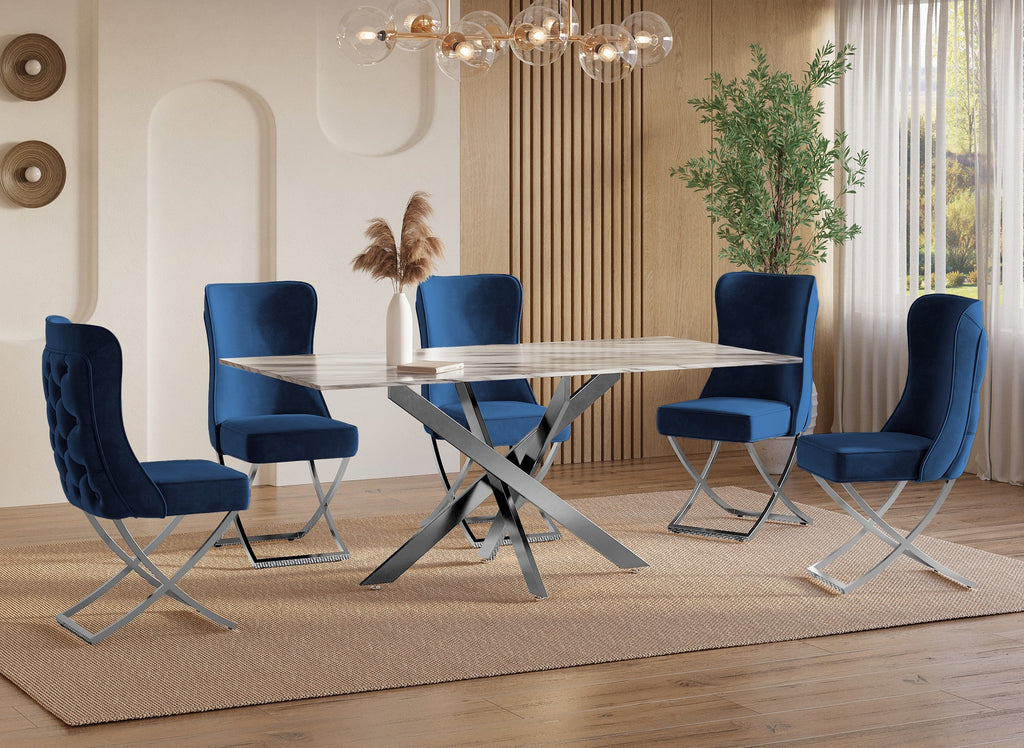 Lot de 2 chaises en velours bleu pieds en métal argenté ETHAN