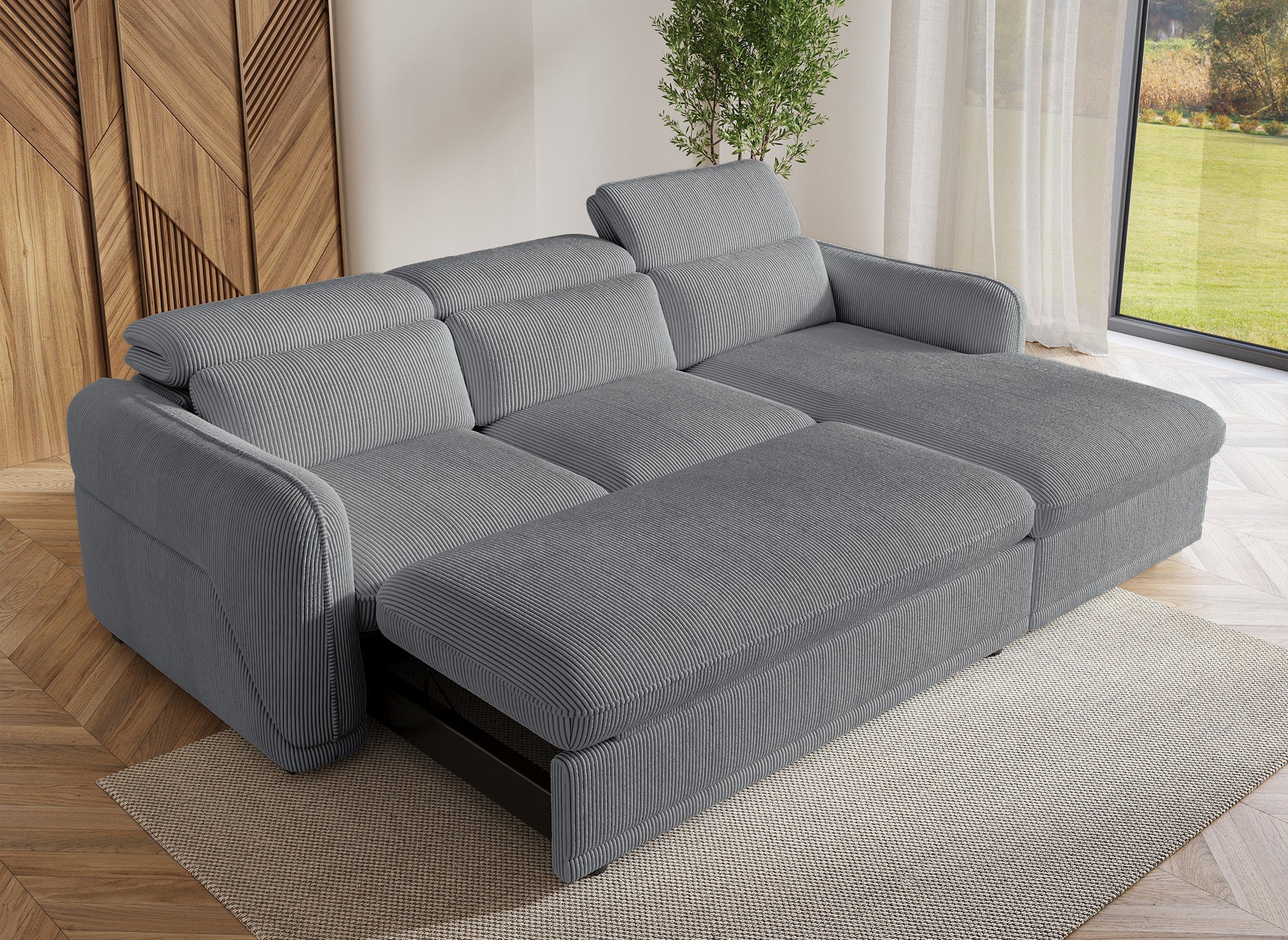 Canapé d'angle convertible avec coffre en velours côtelé épais gris PETUNIA - Angle droit