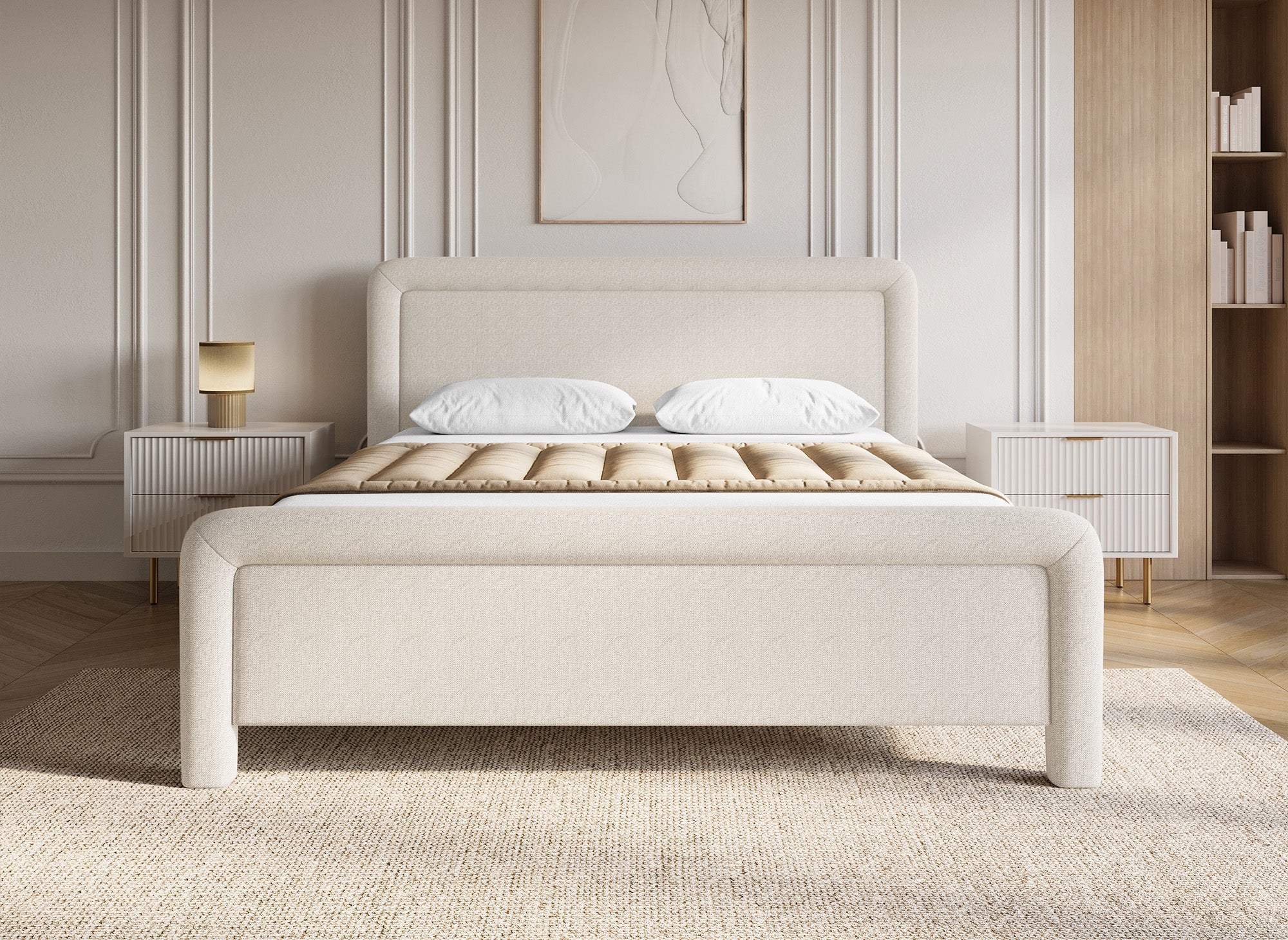 Lit double en tissu doux beige 160 x200 cm ANELA