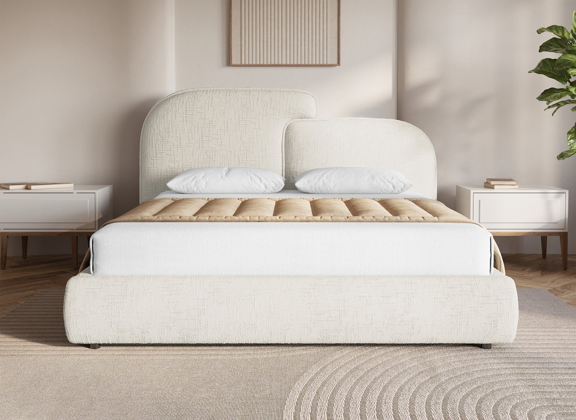 Lit coffre en velours chiné beige 160x200 cm MILENA