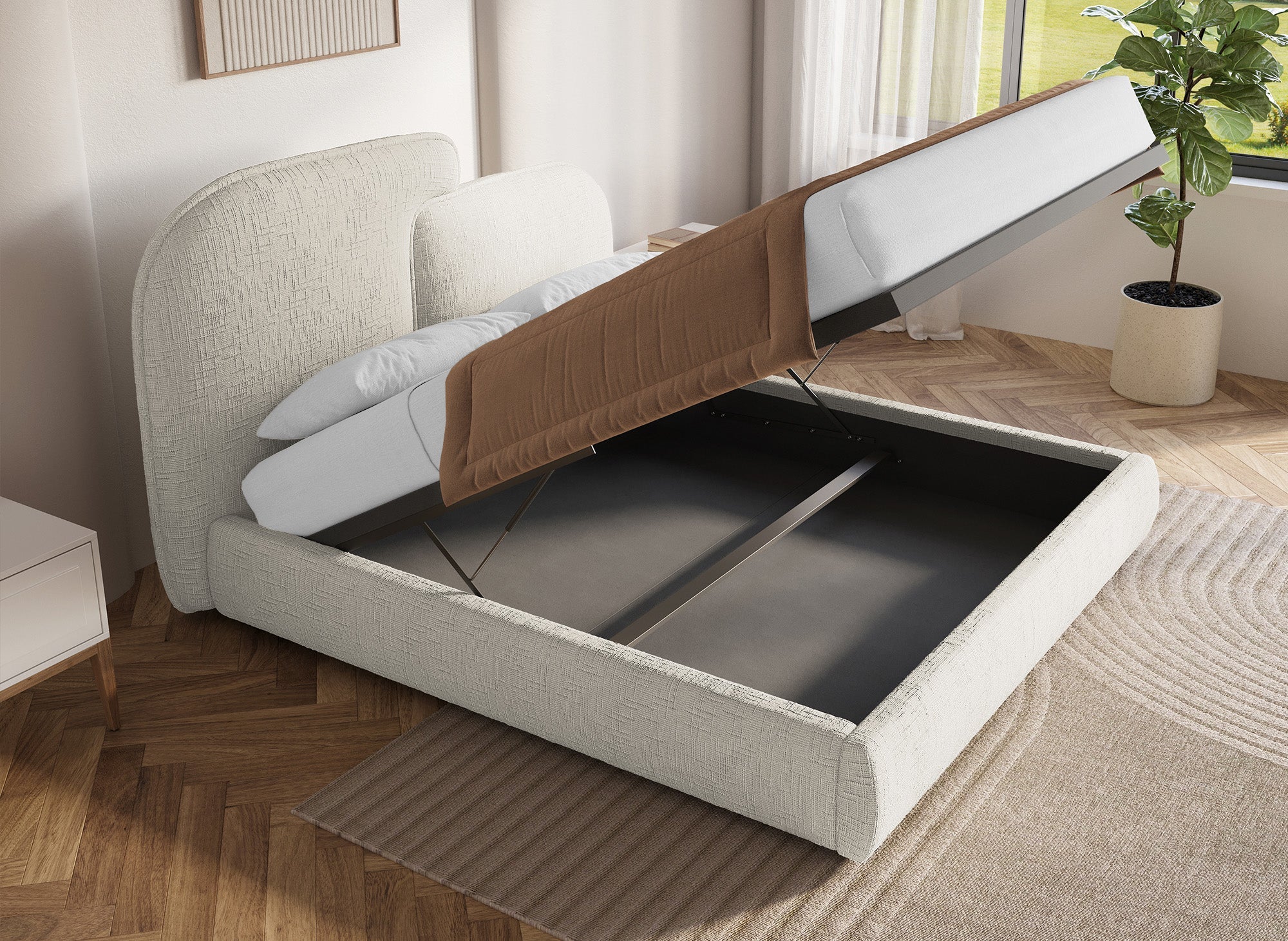 Lit coffre en velours chiné beige 160x200 cm MILENA