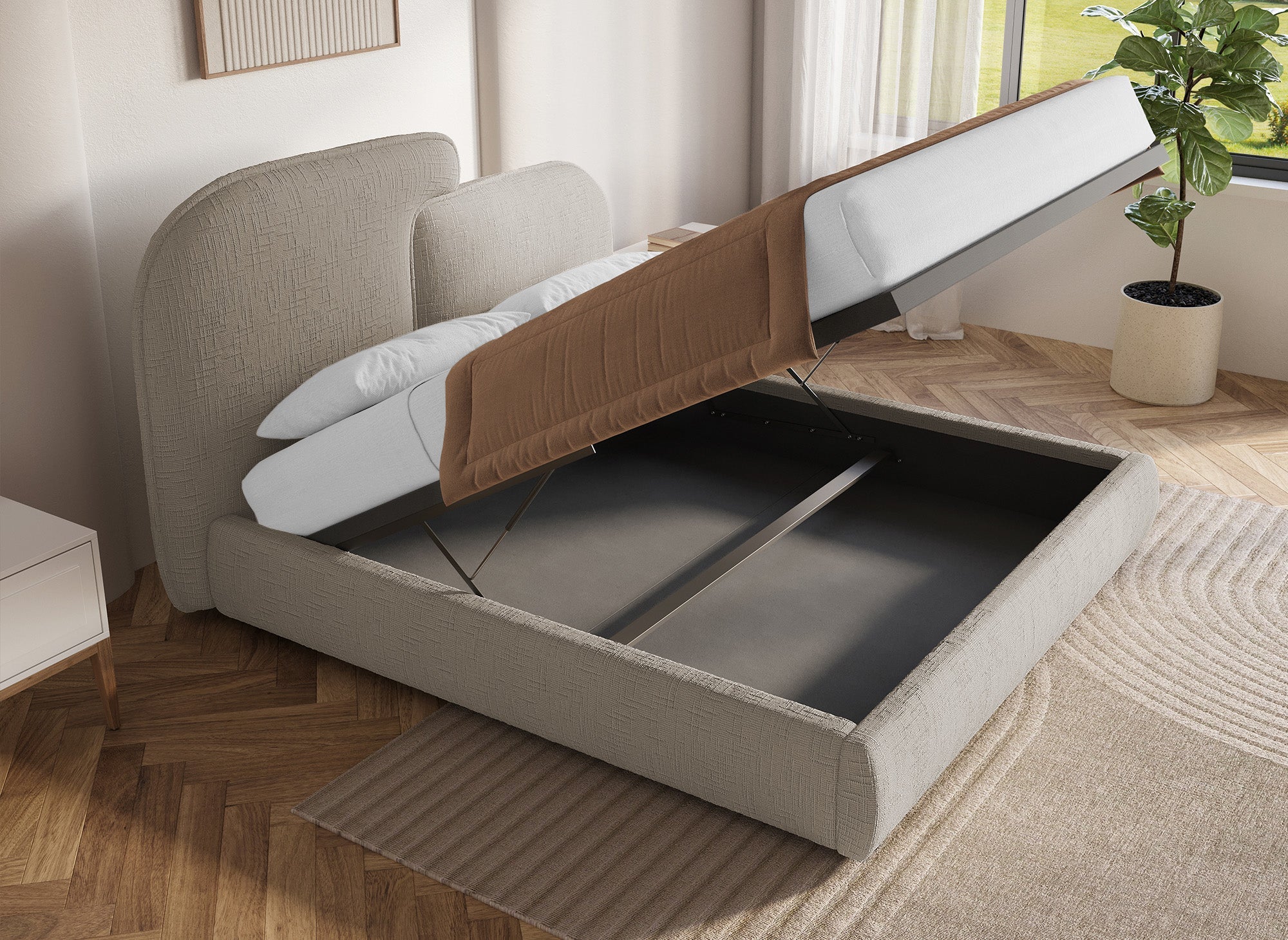 Lit coffre en velours chiné taupe 160x200 cm MILENA