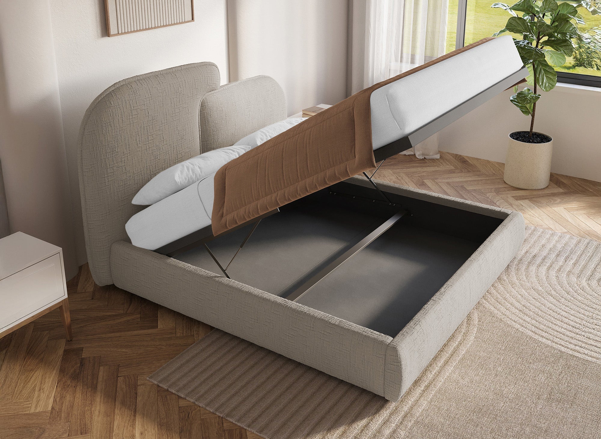 Lit coffre en velours chiné taupe 140x190 cm MILENA