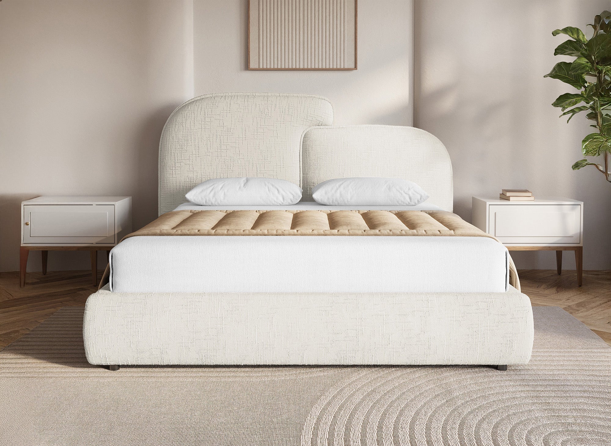 Lit coffre en velours chiné beige 140x190 cm MILENA