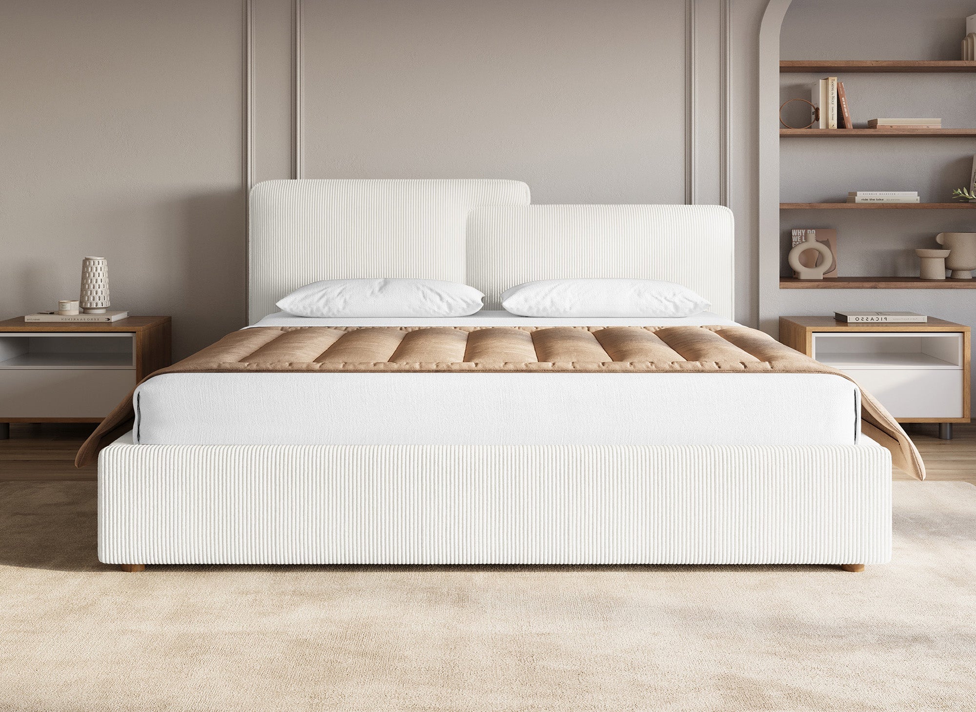 Lit coffre en velours côtelé écru 180x200 cm ZELIA