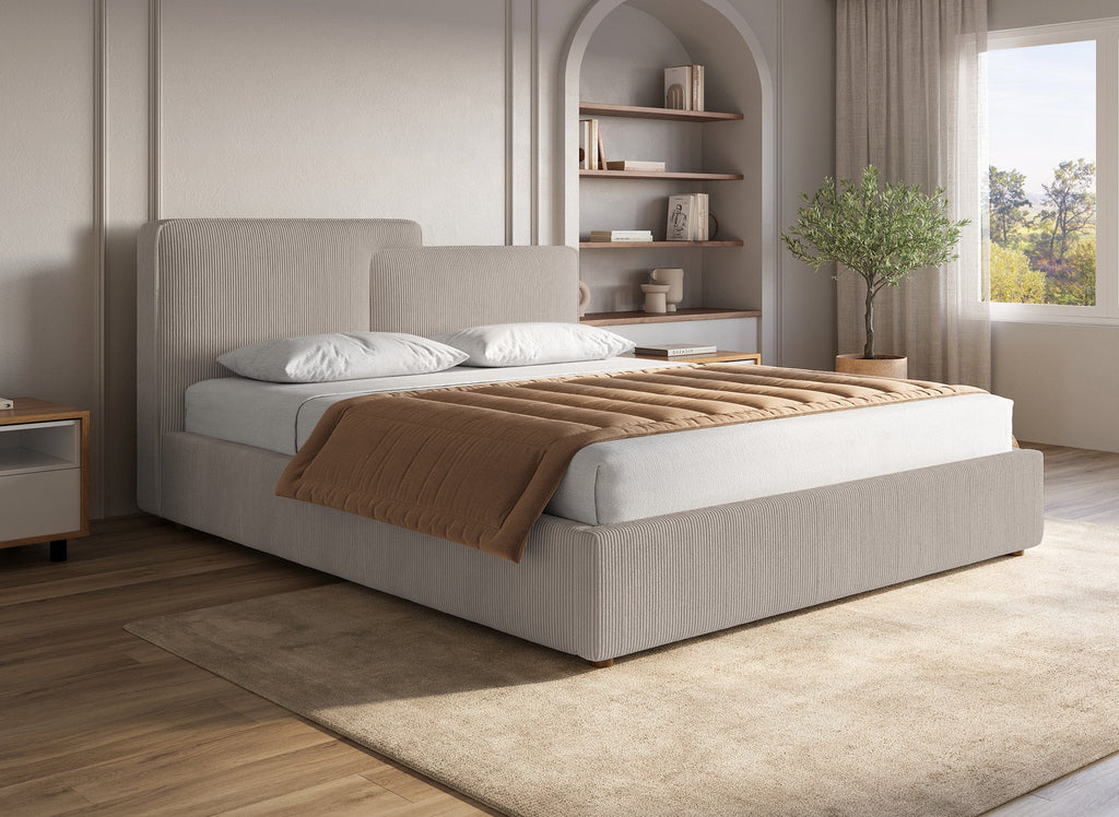 Lit coffre en velours côtelé taupe 160x200 cm ZELIA