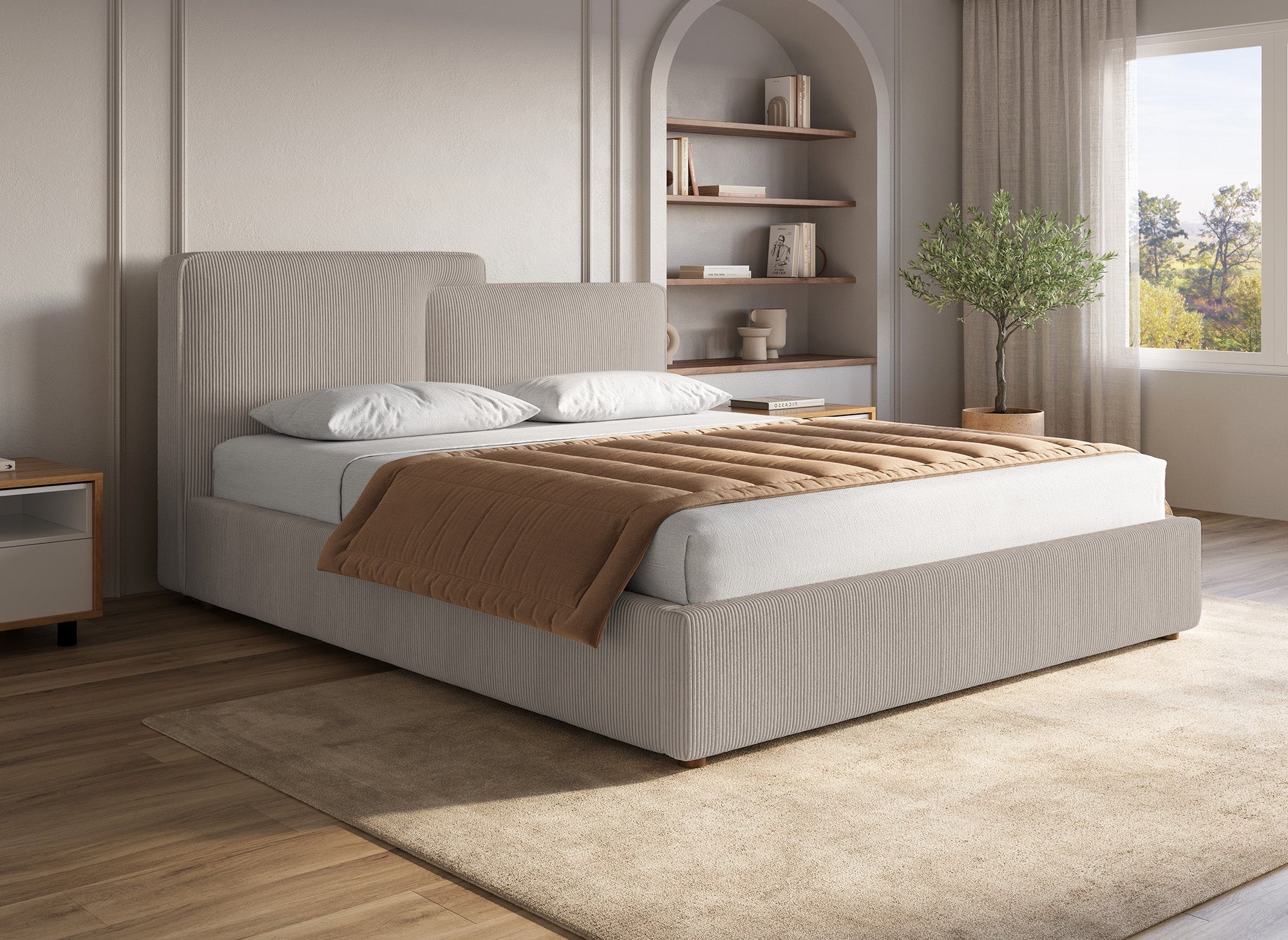 Lit coffre en velours côtelé taupe 160x200 cm ZELIA