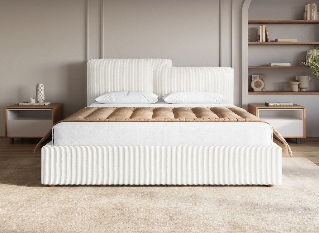 Lit coffre en velours côtelé écru 160x200 cm ZELIA